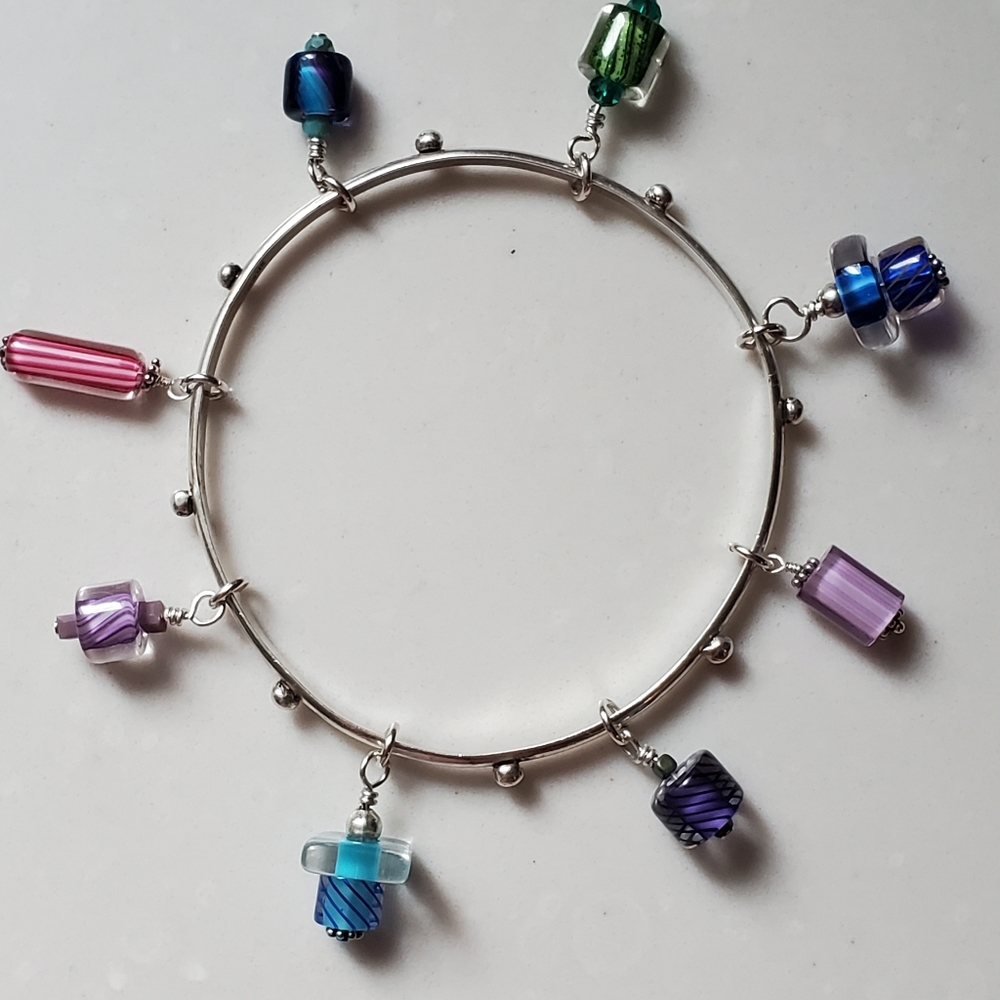 925 Sterling Knobby Bangle w/Colorful Artsy Bead Charms